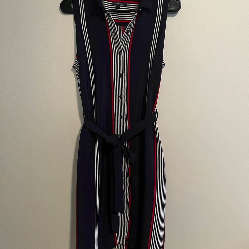 Tommy Hilfiger Navy Striped Tie Waist Button Down Dress